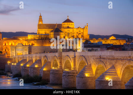 Ponte romano in primo piano e la Grande Moschea e la cattedrale di Cordoba in background, UNESCO, Cordoba, Andalusia, Spagna Foto Stock