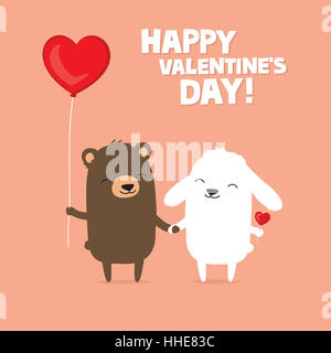 Il giorno di San Valentino card con Cartoon carino orso e bunny rabbit tenendo le mani Foto Stock