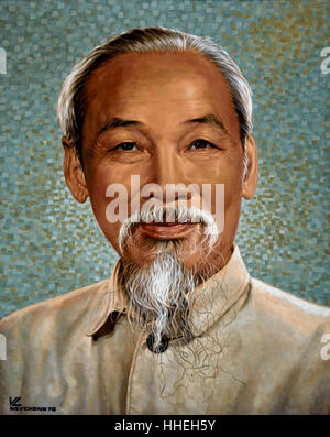 Hồ Chí Minh 1890 - 1969 comunista vietnamita leader rivoluzionario che è stato primo ministro (1945-55) e presidente (1945-69) della Repubblica Democratica del Vietnam (Vietnam del Nord). ( Ritratto Stazione ferroviaria Hồ Chí Minh City ) Foto Stock