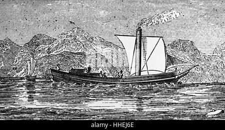 Illustrazione di Henry Bell's steamboat "Comet", che mostra il motore e le piastre. Henry Bell (1767-1830) un ingegnere scozzese. Datata del XIX secolo Foto Stock