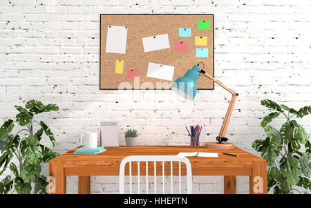 Home office room interior in moderni loft e decorazione con bacheca di sughero e memo vuoto di carta, di studio o di scrivania e lampada da tavolo Foto Stock