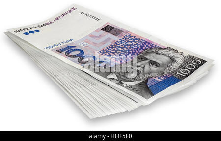 Mazzetto di banconote in croato 1000 kune isolato su sfondo bianco con tracciato di ritaglio Foto Stock