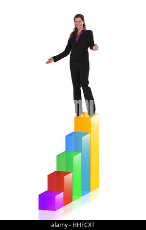 Imprenditrice nella parte superiore di un grafico a barre Foto Stock