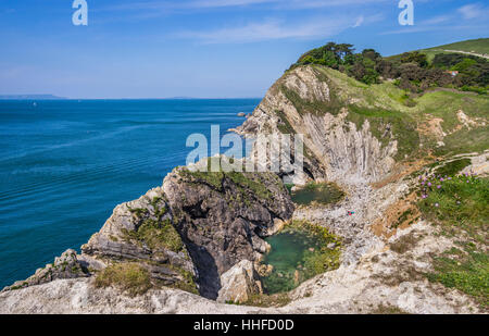 Gran Bretagna, Sud Ovest Inghilterra, Dorset, Jurassic Coast, Lulworth Cove, ripiegata di strati di calcare al cove del foro di scale Foto Stock