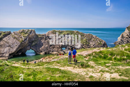 Gran Bretagna, Sud Ovest Inghilterra, Dorset, Jurassic Coast, Lulworth Cove, ripiegata di strati di calcare al cove del foro di scale Foto Stock