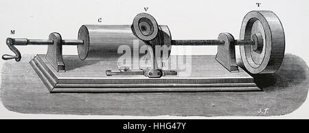 Vista laterale del primo modello di Edison il fonografo, in cui il cilindro di stagnola in cui la registrazione è stata effettuata, doveva essere girato a mano. Parigi, 1883 Foto Stock