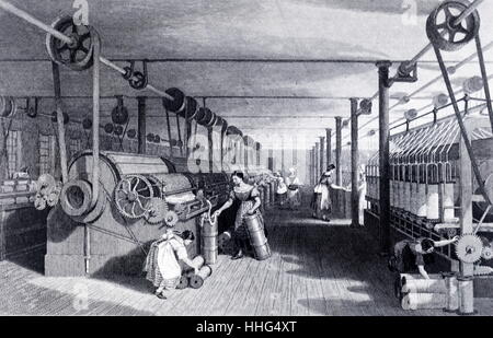 La cardatura, disegno e stoppino in cotone. Da una stampa pubblicato circa 1830. In questa foto il motore di cardatura (sinistra) eroga il cotone in un unico nastro. Foto Stock