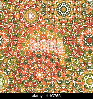 Seamless colorato modello etnico con i mandala in stile orientale. Centrini rotondo con verde, rosso e arancione riccioli e volute tessitura arabesque tradizionale ornamento di pizzo. Illustrazione Vettoriale. Illustrazione Vettoriale