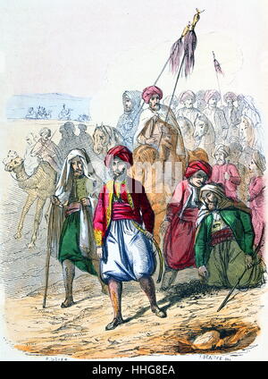 Ibrahim Pascià (figlio più anziano di Muhammad Ali)marche a piedi con le sue truppe in battaglia in Arabia 1818. Acquerello dal pittore francese Jean-Adolphe Beaucé (1818 - 1875). Ibrahim Pascià (1789-1848) comandava l'esercito egiziano. Dopo che suo padre divenne Ibrahim senile governata in Egitto. Foto Stock