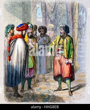 Muhammad Ali Pasha o Mehmet Ali; 1769 - 1849 riceve i messaggi da suo figlio per la campagna in Arabia. Al fine di fissare la sconfitta di opposizione in Arabia, Muhammad Ali inviato il suo figlio, Ibrahim, infine rout i sauditi. Acquerello dal pittore francese Jean-Adolphe Beaucé (1818 - 1875). Foto Stock