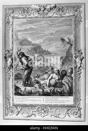 Deucalione sopravvive il diluvio con sua moglie, Pyrrha. Le illustrazioni incise da 'il Tempio delle muse", 1733. Questo libro ha rappresentato un notevole eventi dell antichità disegnato e inciso da Bernard Picart (1673-1733). Nella mitologia greca, Deucalione figlio di Prometeo, è strettamente connesso con il diluvio il mito secondo il quale la rabbia di Zeus è stata innescata dall'arroganza dei Pelasgi. Egli sopravvive il diluvio con sua moglie, Pyrrha. Foto Stock