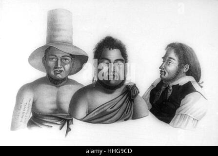 Xix secolo illustrazione che mostra i notabili di Hawaiian. Circa 1840 Foto Stock