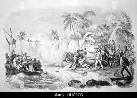 Xix secolo che mostra la morte del capitano James Cook (1728 - 14 febbraio 1779). Il cuoco è stato un esploratore britannico, navigator, cartografo, e capitano della Royal Navy. Cuocere realizzato mappe dettagliate di Terranova prima di effettuare tre viaggi in Oceano Pacifico durante il quale ha raggiunto il primo registrato contatto europeo con la costa orientale dell' Australia e le Isole Hawaii e il primo registrato circumnavigazione della Nuova Zelanda. Foto Stock