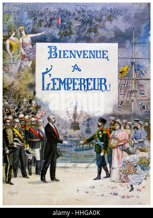 Franco-Russian Alliance. Tsar Nicholas II, accompagnata da imperatrice Alexandra è , et dal Presidente francese, Faure, subito dopo il loro arrivo a Parigi. "Le Petit Journal', Parigi, 1896. Foto Stock