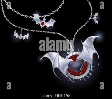 Catena d'argento con un medaglione con un cuore nero con silver wings vampiro. Illustrazione Vettoriale