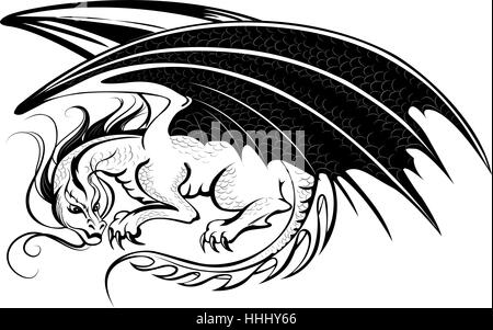 Artisticamente dipinte drago nero su uno sfondo bianco. Illustrazione Vettoriale