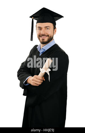 Sorridenti laureati maschi con diploma isolato su bianco Foto Stock