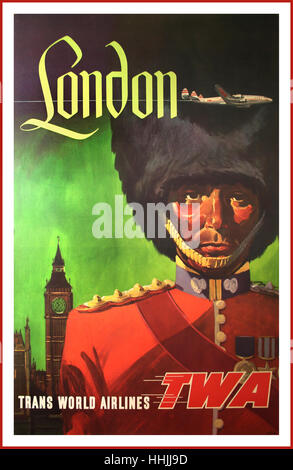 TWA LONDRA POSTER Vintage originale anni cinquanta David Klein il viaggio con la compagnia aerea Poster per TWA promozione voli per Londra utilizzando simboli iconici di protezione tradizionale e Big Ben Foto Stock