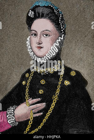 Elisabetta di Valois (1545-1568). Regina spagnola consorte. La terza moglie di Filippo II di Spagna. Ritratto. Incisione, 1884. Colore.