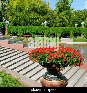 Vaso di fiori su uno sfondo di cascata decorativa Foto Stock