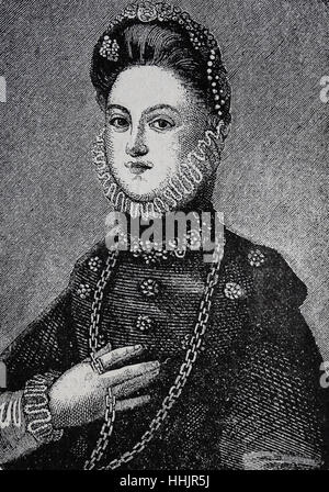 Elisabetta di Valois (1545-1568). Regina spagnola consorte. La terza moglie di Filippo II di Spagna. Ritratto. Incisione, 1884.