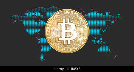 Bitcoin. Il denaro elettronico concetto. Punteggiato mappa del mondo Foto Stock