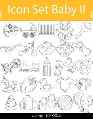 Disegnate Doodle rivestite Icon Set Baby II con 25 icone per un utilizzo creativo in graphic design Illustrazione Vettoriale