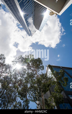 Guardando verso l'alto l'Eureka Tower sulla sponda sud del CBD di Melbourne, Victoria Australia Foto Stock