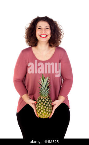 Bella curva girl holding e ananas isolato su uno sfondo bianco Foto Stock