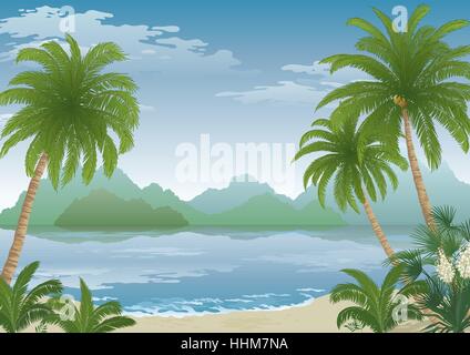 Palm su Ocean Beach, fiori e montagne Illustrazione Vettoriale