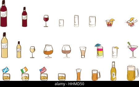 Bevande alcoliche icona colorata set - Stile libero - senza sfondo Illustrazione Vettoriale