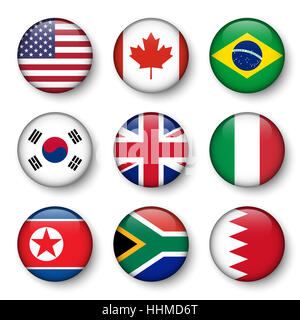 Set di bandiere del mondo badge rotondo ( Stati Uniti d'America . Canada . Il Brasile . Corea del Sud . Regno Unito di Gran Bretagna . Italia . La Corea del Nord . Il Sud Africa . Bahrain Foto Stock