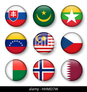 Set di bandiere del mondo badge rotondo ( Slovacchia . La Mauritania . Myanmar . Venezuela . Malaysia . Repubblica ceca . Madagascar . In Norvegia . Il Qatar ) Foto Stock