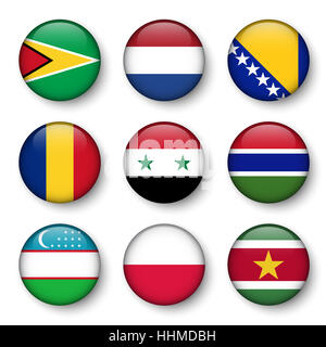 Set di bandiere del mondo badge rotondo ( Guyana . Paesi Bassi . La Bosnia ed Erzegovina . La Romania . La siria . Gambia . Uzbekistan . La Polonia . Suriname ) Foto Stock