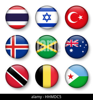 Set di bandiere del mondo badge rotondo ( Thailandia . Israele . La Turchia . Islanda . Giamaica . Australia . Trinidad e Tobago . Belgio . Gibuti ) Foto Stock