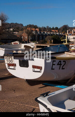 Barche da pesca cazzate fino sul prosciutto a Sidmouth lungomare, con città cottages dietro. Foto Stock