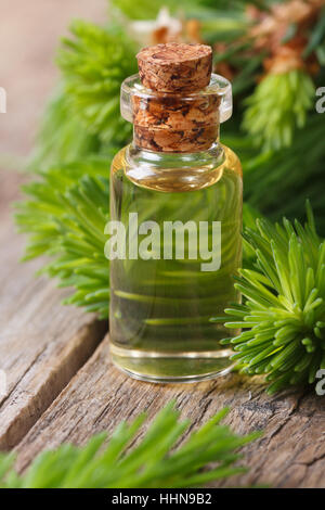 Essenziale olio aromatico di abete rosso closeup su una tavola di legno verticale. Foto Stock