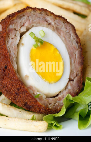 Ripiene di carne uova con patate fritte e insalata su una piastra macro verticale. Foto Stock