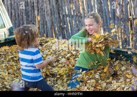 Caucasian fratello e sorella di gettare le foglie di autunno Foto Stock