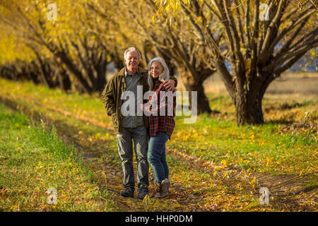 Caucasian giovane costeggiata nei pressi di alberi in autunno Foto Stock