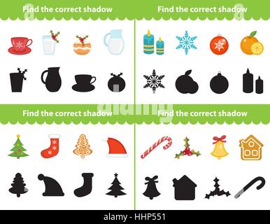 Bambini gioco educativo, trovare il corretto ombra silhouette. Elementi per il diritto all'ombra. Illustrazione Vettoriale Illustrazione Vettoriale