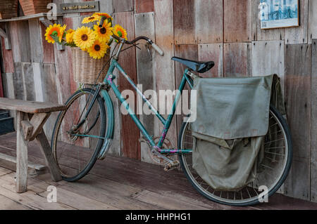 Una vecchia bicicletta del pedale, con un cesto pieno di fiori gialli, appoggiata contro la parete di legno in Nong Khai, a nord-est della Thailandia. Foto Stock