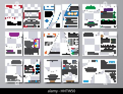 Grande set di volantini bianco con diversi elementi geometrici. Due modelli di pagine opuscolo A4 con spazio per foto e informazioni. Illustrazione Vettoriale Illustrazione Vettoriale