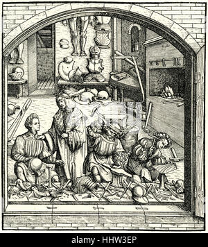 Massimiliano I imperatore del Sacro Romano Impero (22 marzo 1459 - 12 gennaio 1519), per visitare la bottega di un fabbricante di armi, c. 1500 Foto Stock