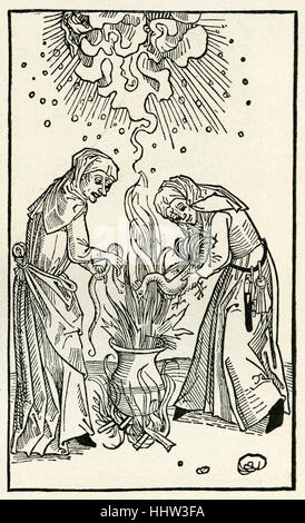 Streghe brewing un incantesimo in un calderone, xilografia c. 1508 da 'De Lamiis et Pythonicis Mulieribus', luogo sulla stregoneria da Ulrich Foto Stock