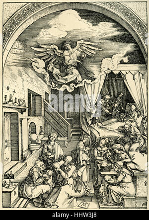 Illustrazione raffigurante il "Wochenstube', sei settimane subito dopo la nascita di un bambino in una casa tedesca c. 1500. Xilografia da Foto Stock