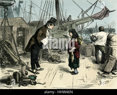 Dombey e figlio di Charles Dickens. La didascalia recita: 'e guardando con attenzione nel suo volto, rientrata: " Perché, cosa si può volere con Dombey e figlio?" "Per conoscere il modo in cui vi, se si prega.' illustrazione da Fred Barnard . Foto Stock