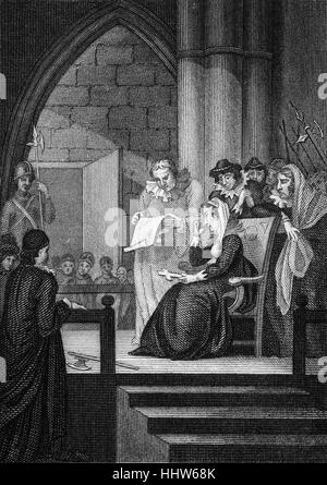 Maria, Regina di Scozia (1542 - 1587), noto anche come Maria Stuart o Maria I di Scozia la lettura della condanna a morte firmata da sua sorella la Regina Elisabetta I il 1 febbraio 1587. Il 3 febbraio, dieci membri del Consiglio Privy dell Inghilterra, senza Elisabetta sua conoscenza, organizzato la frase che devono essere effettuati nel castello di Fotheringhay, Northumberland, Inghilterra. Foto Stock