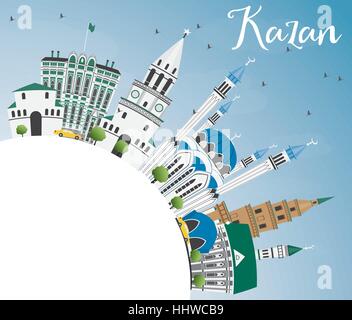 Lo Skyline di Kazan con edifici grigi, Blu Cielo e spazio di copia. Illustrazione Vettoriale. Viaggi di affari e di turismo con il concetto di architettura storica. Illustrazione Vettoriale