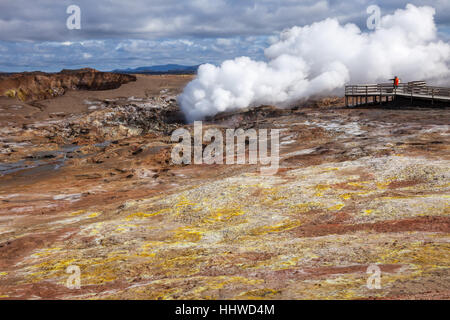 La cottura a vapore la fumarola a Gunnuhver area geotermica nella parte sudoccidentale della penisola di Reykjanes di Islanda Foto Stock